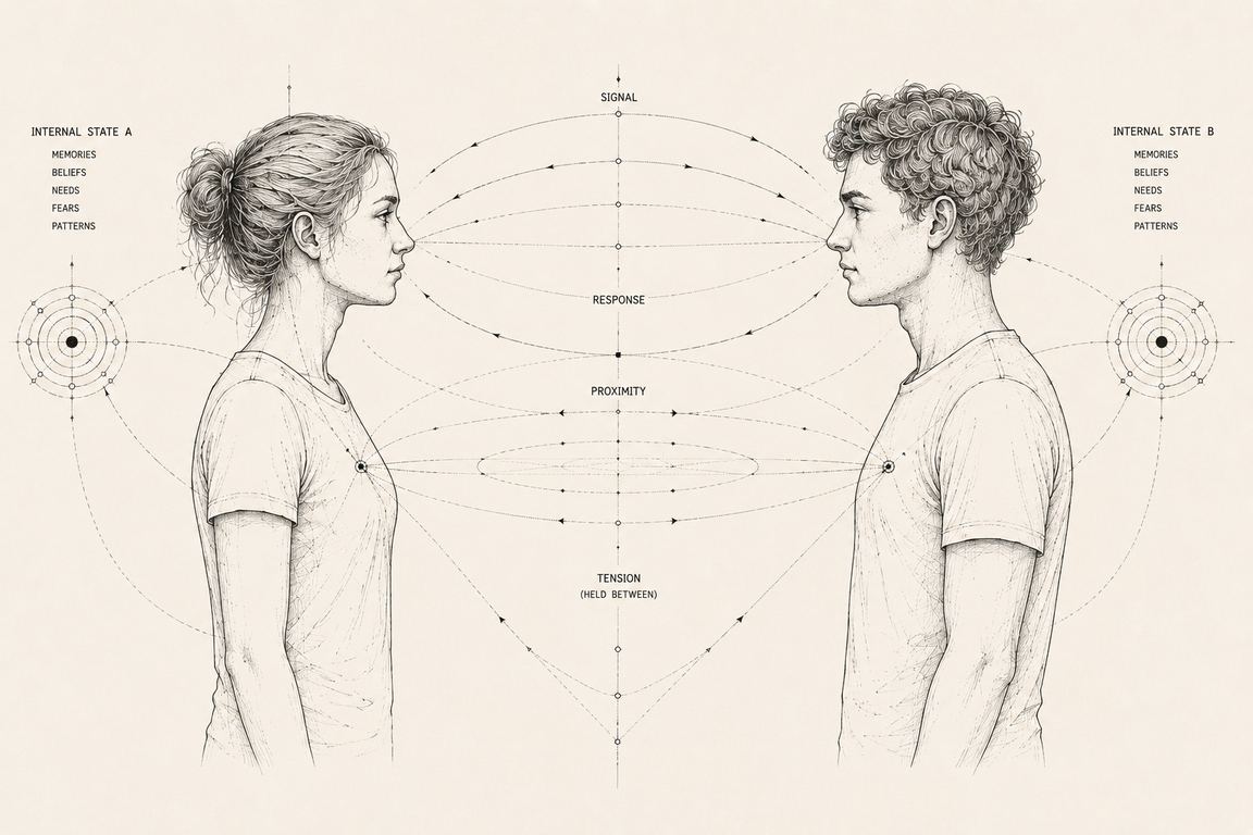 Two people drawn in profile, facing each other across the width of the page. Dotted lines arc between them: a signal leaving one face, a response returning, the proximity held between their bodies, and a tension gathering below. Behind each of them a small ringed diagram stands for their internal state, listing memories, beliefs, needs, fears and patterns.