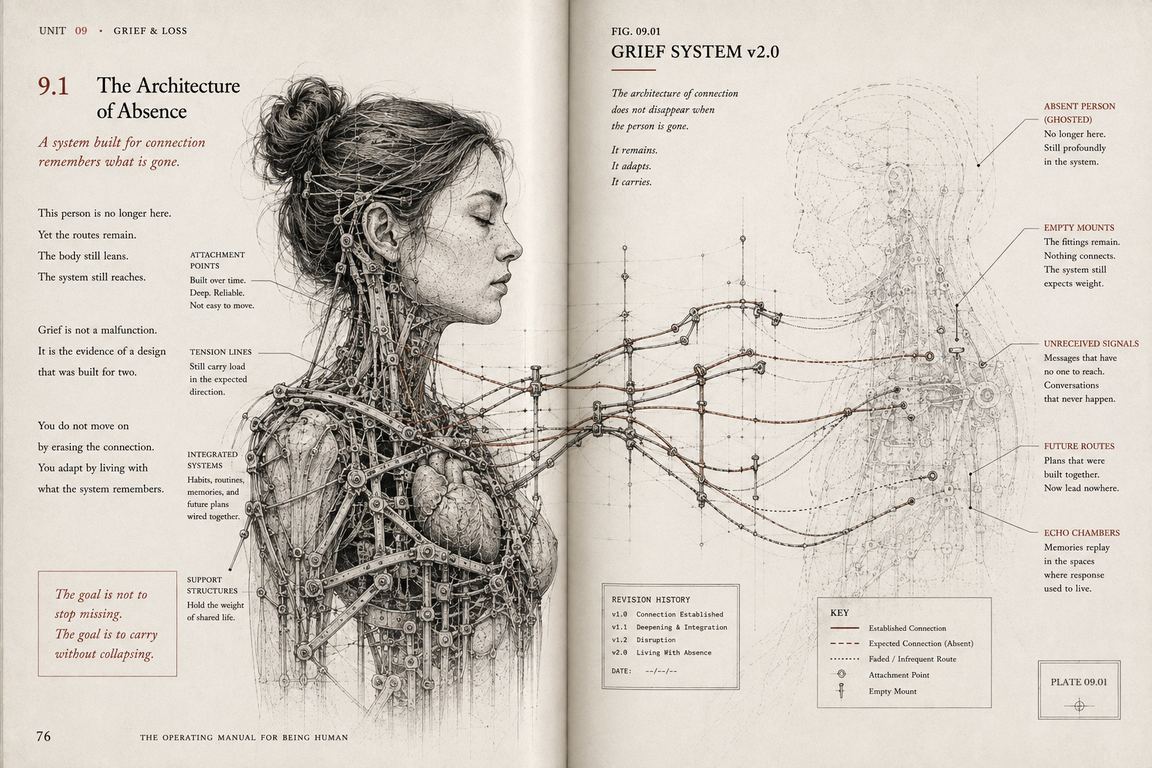 Two facing pages. The left page carries the writing beside a woman drawn in profile whose shoulders and chest are built as a rigged structure of struts, cables and fixing points around an anatomical heart. Tension lines run from her across the fold to a second figure on the right page drawn only as a dotted outline, the person who is gone. Short notes name empty fixings, messages with nobody to reach, plans that now lead nowhere, and memories replaying where a reply used to be.