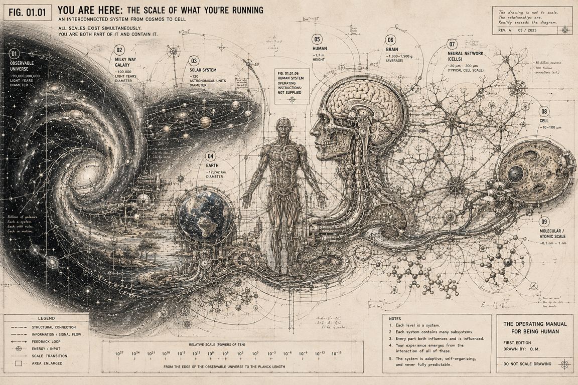 A wide drawing reading left to right from the cosmic to the molecular, all of it connected as one continuous machine rather than nine separate pictures. A spiral galaxy fills the left third and dissolves into a disc of planets and a solar system. Below them the earth sits in a ring of gears above a small landscape of trees and water. At the centre a standing human figure is drawn in anatomical section, and beside it a head in profile opens to show the brain. To the right the drawing passes through a web of neurons into a single cell and then into rings of bonded atoms. Numbered notes name each scale with its size.