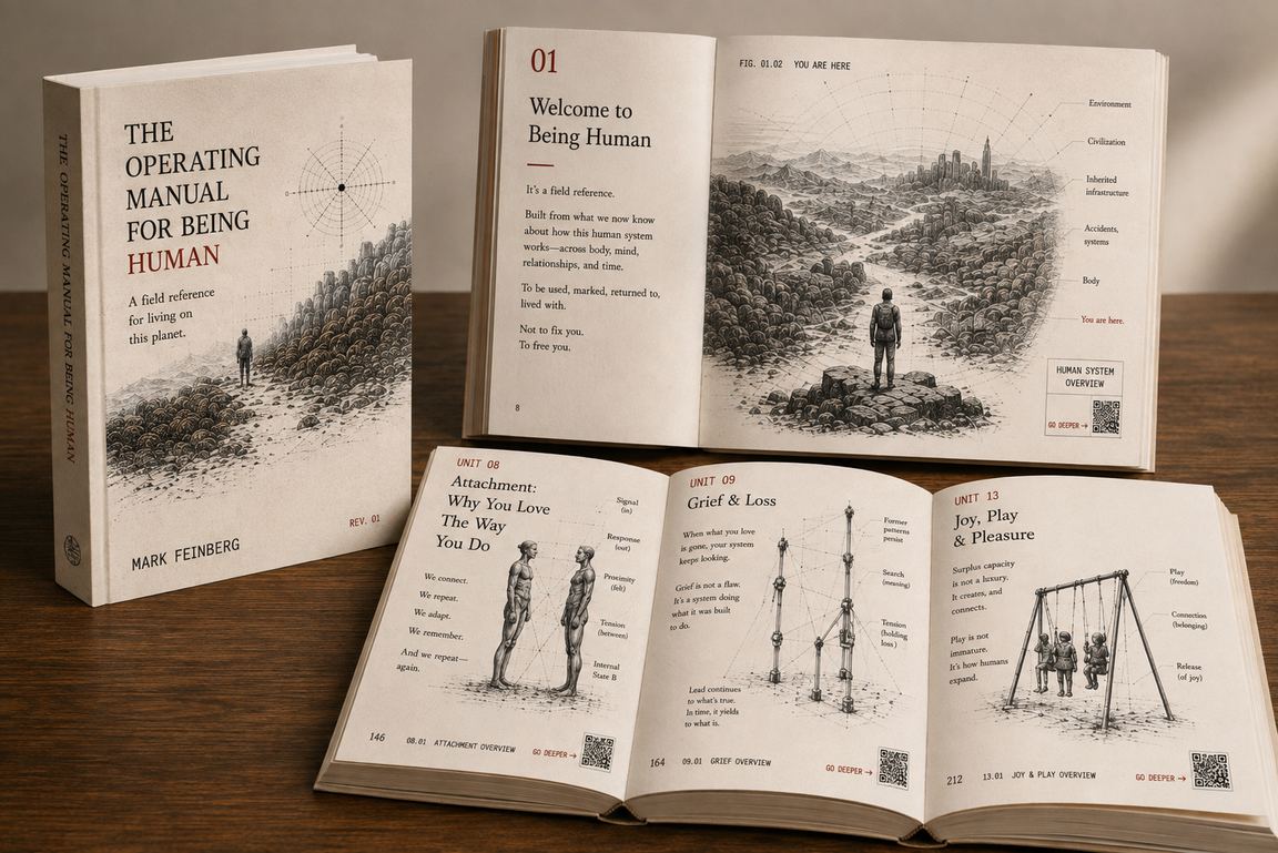 The book shown as a printed copy on a wooden table. One stands closed, its cover carrying the title and a small human standing at the foot of a vast field of boulders. Beside it a copy lies open at the opening of unit one, Welcome to Being Human, with a wide drawing of one person looking out over that same landscape toward a distant city, annotated from Environment and Civilization down to Body and You are here. Three more copies lie open below at the openings of Attachment, Grief and Loss, and Joy, Play and Pleasure, each with a drawing labelled in the margin and a small code printed at the foot of the page.